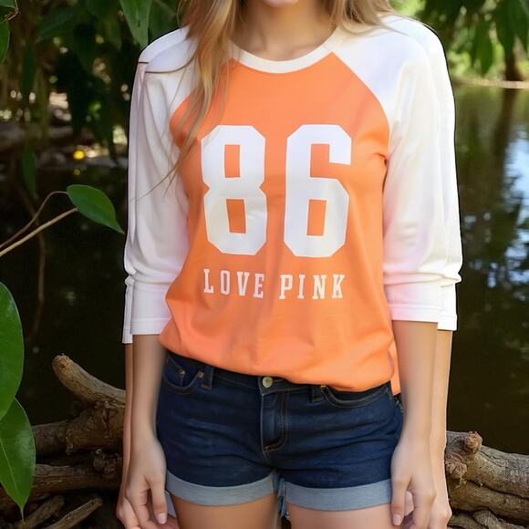 PINK Victoria's Secret NWOT Orange and white 3/4 Sleeve Campus Tee Shirt XS - Picture 1 of 4